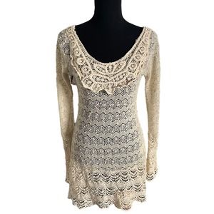 A’reve Bohemian Crochet Long Flare Sleeve Cover-Up Medium Women’s Cream